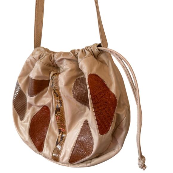 1980s Exotic Patchwork Leather Drawstring Shoulder Bag - Picture 1 of 9